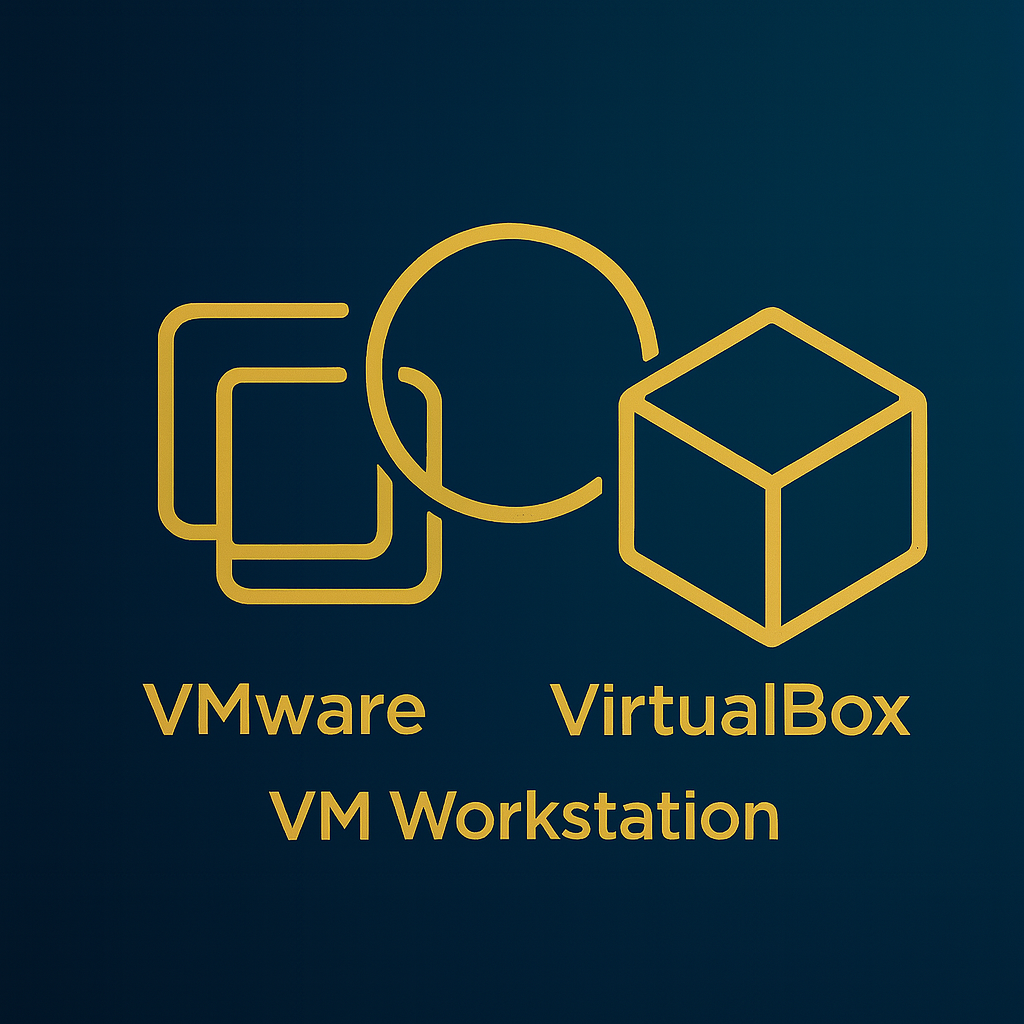 Minimalistische Gold-Blau-Vektor-Illustration: goldene Icons für VMware, VirtualBox und VM Workstation als Titelbild eines Kfz-Diagnose-Software-Katalogs auf virtuellen Maschinen