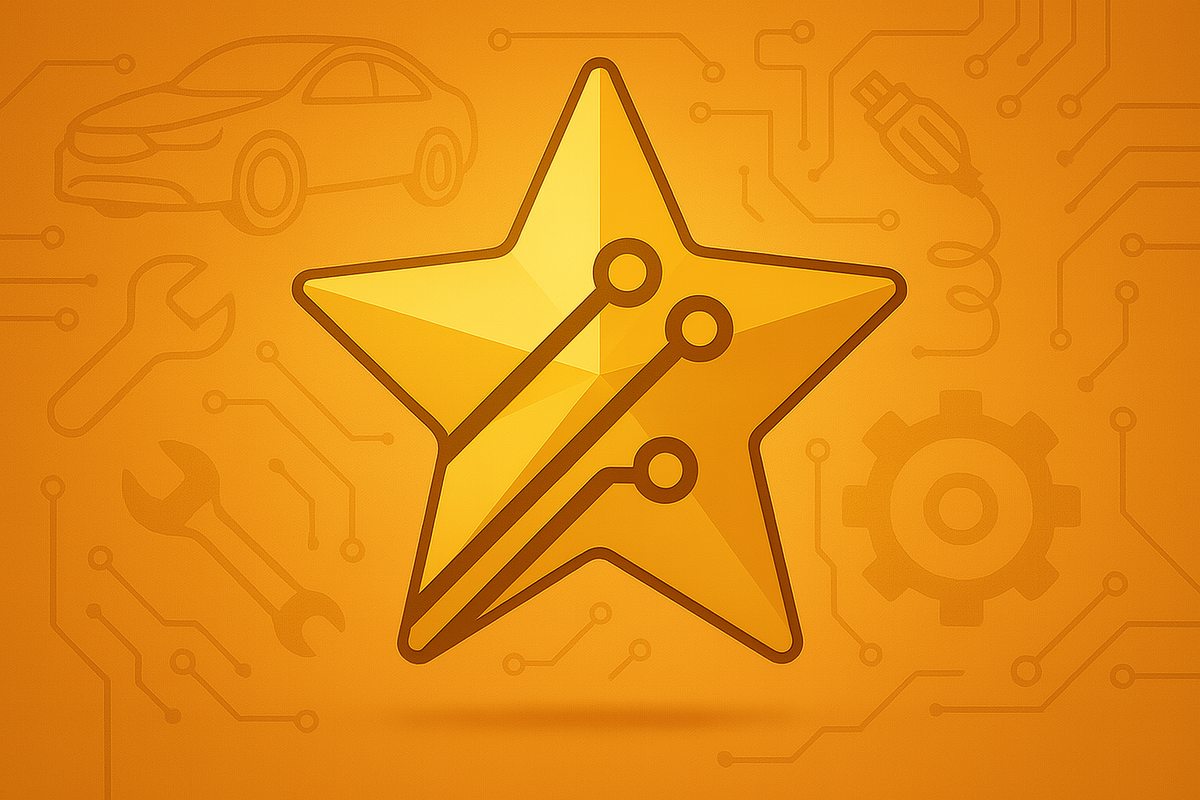 Goldener Stern mit Leiterbahn-Symbol vor Auto- und Werkstatt-Icons – Symbol für Premium OBD2 Kfz-Diagnose-Software-Downloads