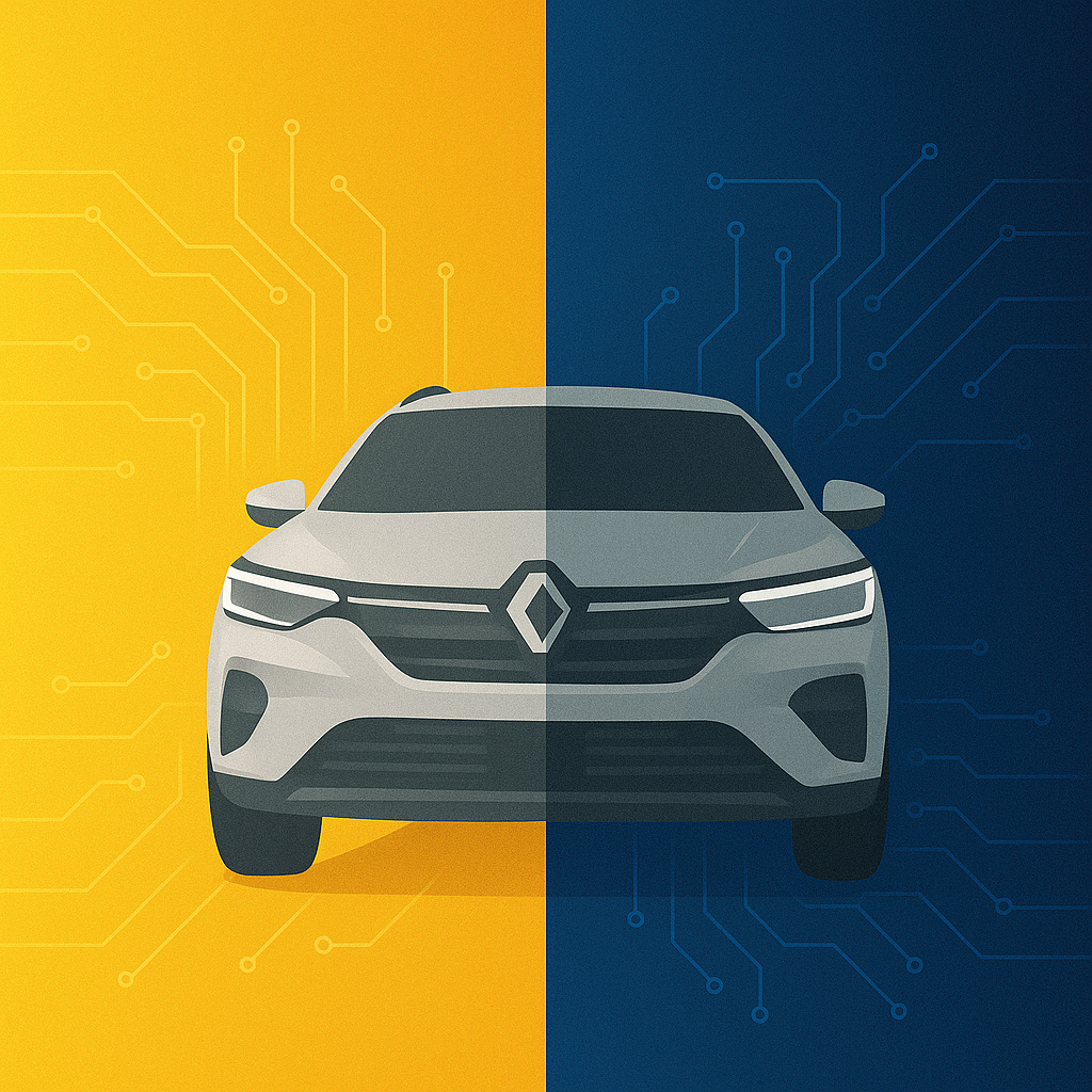 Renault-Gelb trifft Dacia-Blau: neutraler SUV vor Schaltkreis-Motiv als Titelbild der Auto-Software-Kollektion