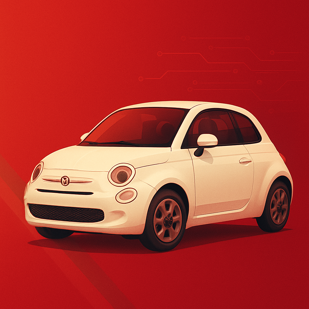 Fiat-inspiriertes Software-Kollektion-Banner: weißer Retro-City-Car auf rotem Hintergrund.