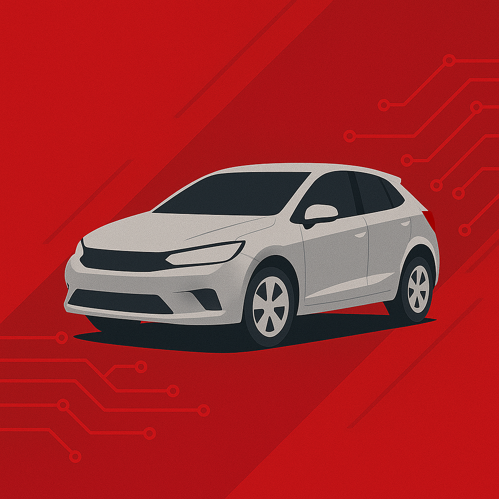 Honda‑roter Banner: stilisierter silberner Kompaktwagen vor Leiterbahnen – Auto‑Software‑Kollektion.