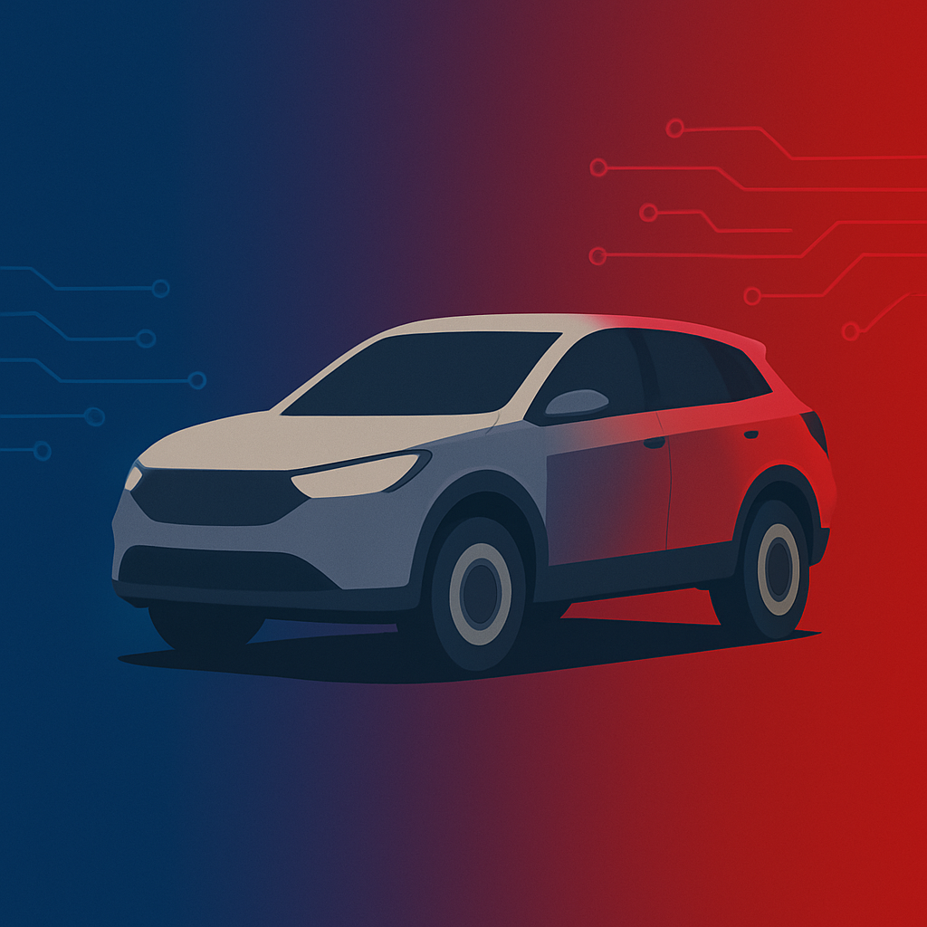 Hyundai‑Blau & Kia‑Rot: stilisierter SUV vor Leiterbahnen – Auto‑Software‑Kollektion.