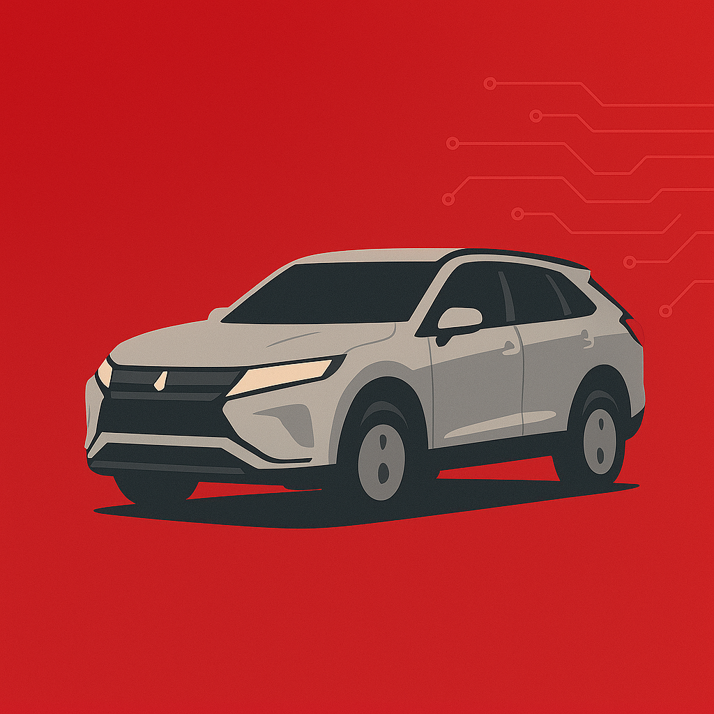Mitsubishi‑roter Banner: stilisiertes silbernes SUV vor Leiterbahnen – Auto‑Software‑Kollektion.