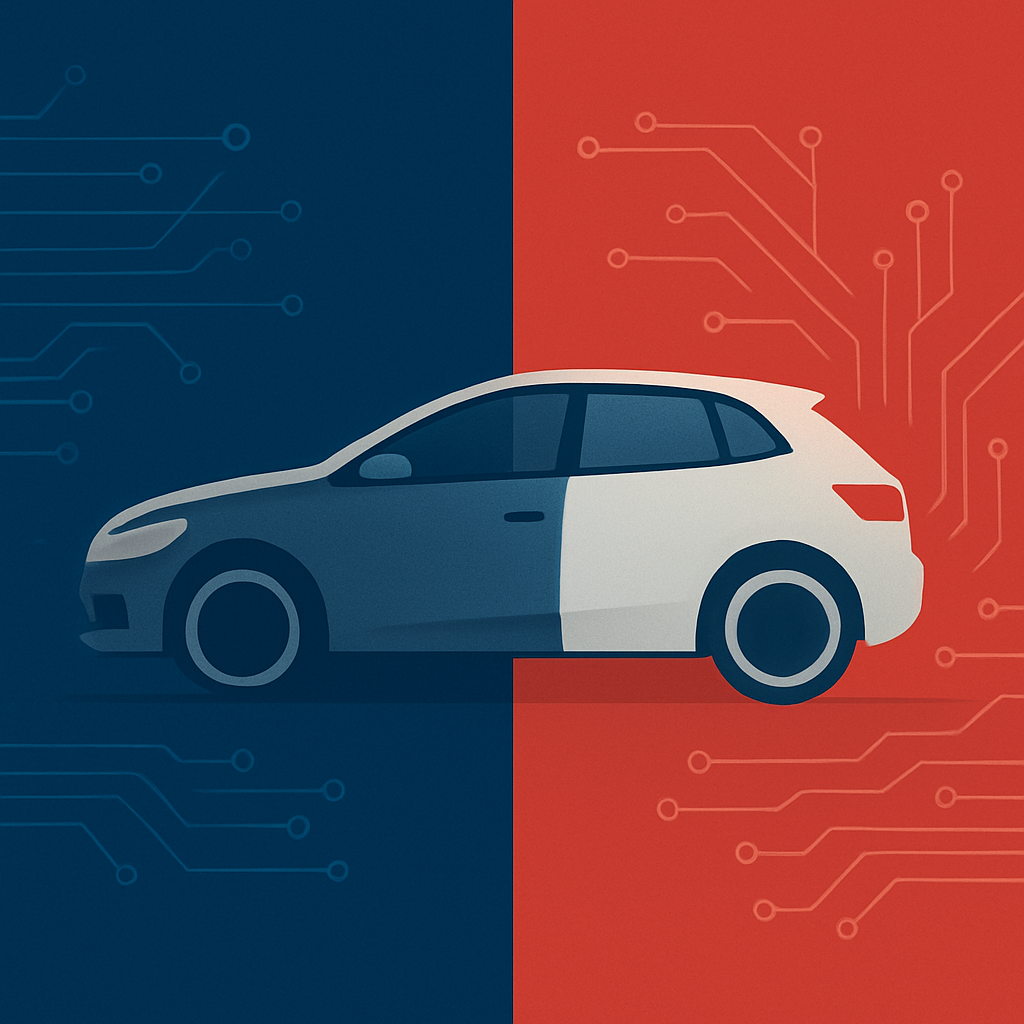 Peugeot‑Blau & Citroën‑Rot: neutraler Kompaktwagen vor Leiterbahnen – Auto‑Software‑Kollektion.
