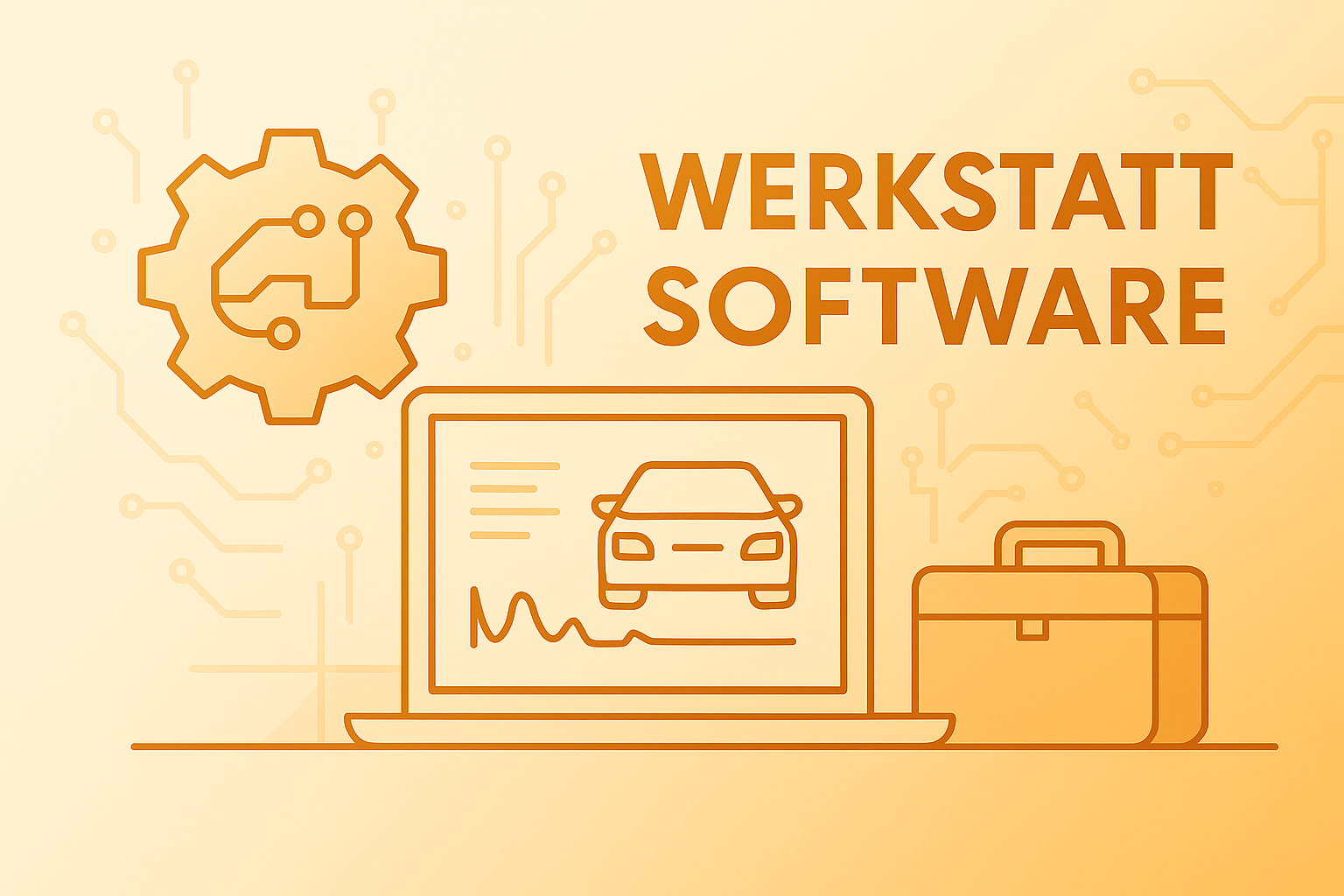 Ivory-goldfarbenes Banner mit zwei gekreuzten Maulschlüsseln, offenem Anleitungsbuch und dem Text „Werkstatt Software“ – Kollektion für Reparatur-, Diagnose- und Anleitungstools.
