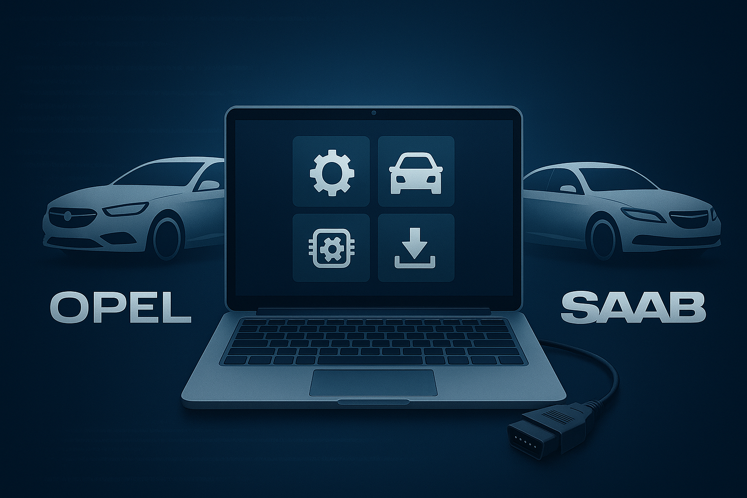 Laptop mit Software-Icons, Opel- und Saab-Fahrzeug-Silhouetten – digitale Opel & Saab OBD2 Diagnose- und Update-Software