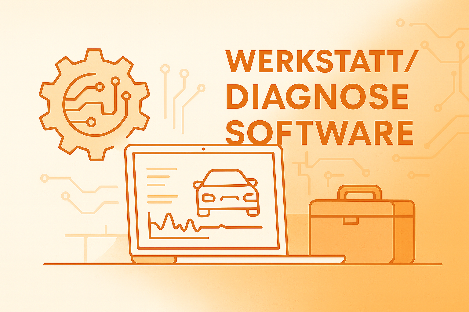 Flaches Header‑Banner in Ivory‑Orange: Zahnrad‑Icon, Laptop mit KFZ‑Diagnoseanzeige und Werkzeugkoffer, Schriftzug „WERKSTATT/ DIAGNOSE SOFTWARE“ – Werkstattsoftware & Auto‑Diagnose‑Tool für moderne KFZ‑Werkstätten.