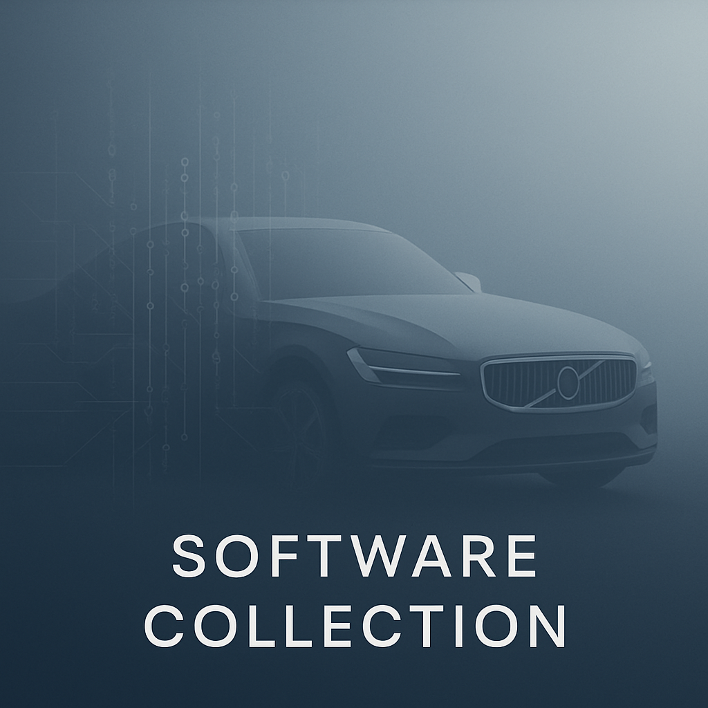 Minimalistische blau‑graue Illustration einer eleganten skandinavischen Limousine mit dezenten digitalen Leiterbahnen, inspiriert vom Volvo‑Design, über dem Schriftzug „SOFTWARE COLLECTION“ in klarer, fetter Typografie.