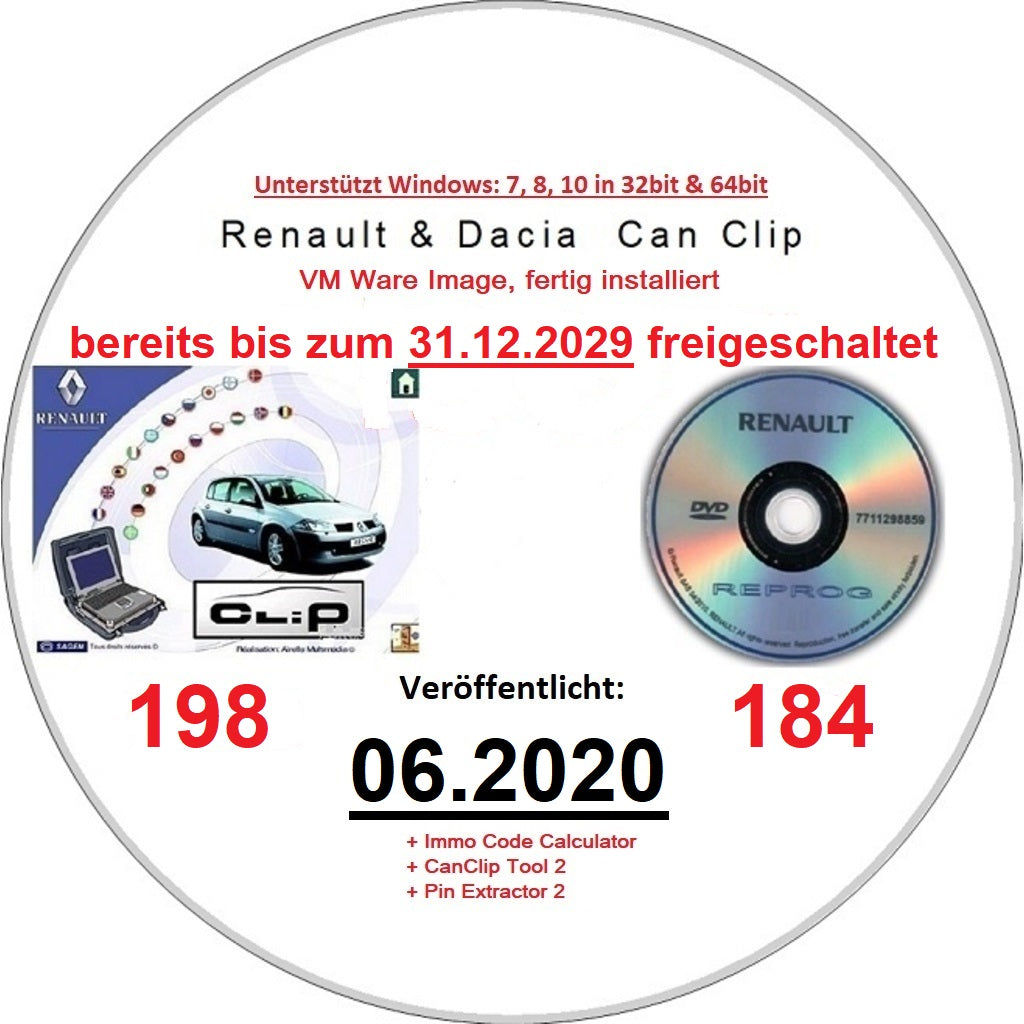 Renault Dacia CanClip 198 + Reprog 184 (06.2020) als VM Ware fertig installiert, Deutsch. Läuft unter allen Windows Systemen ab Win 7