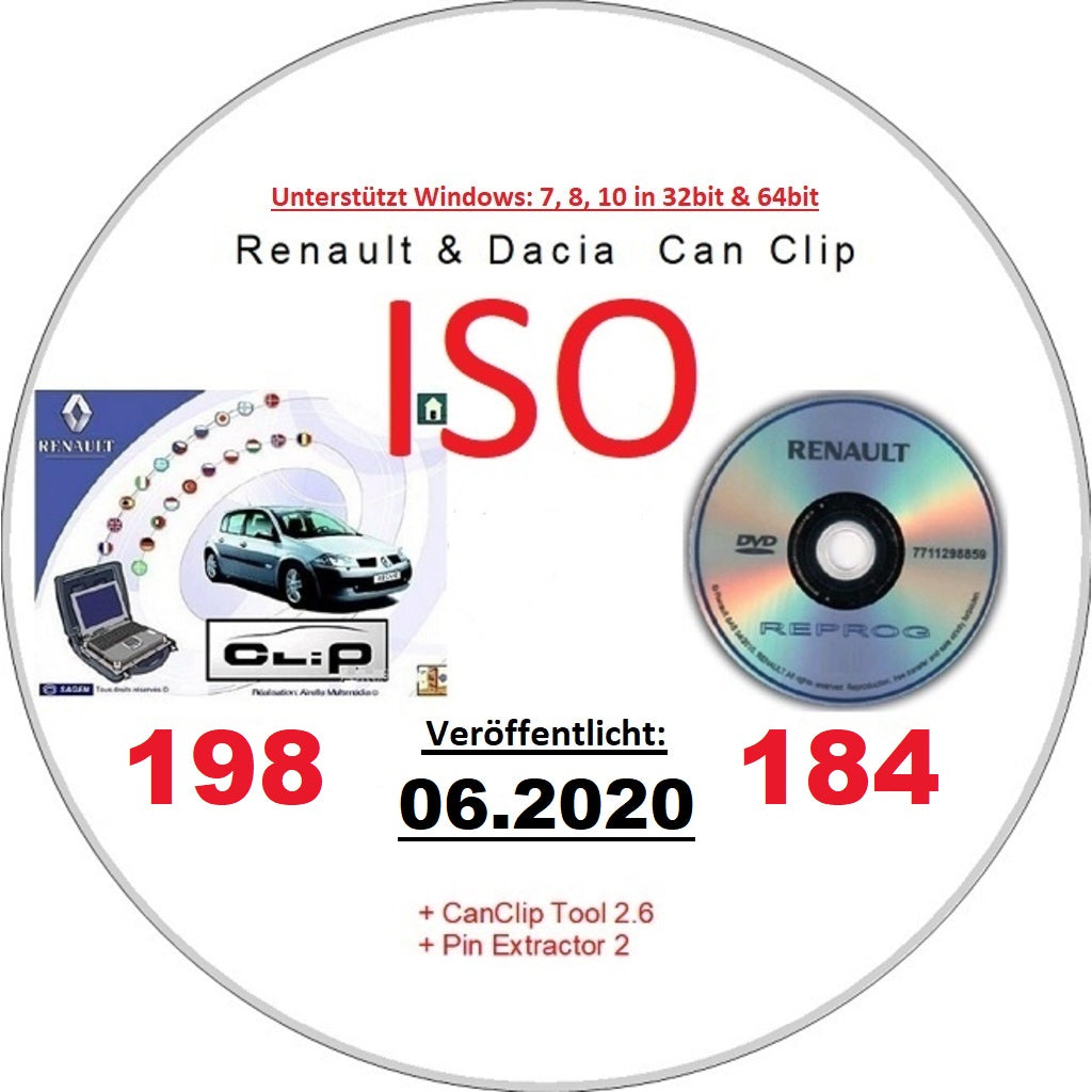 Renault Dacia CanClip 198 + Reprog 184 (06.2020) International, Mehrsprachig mit Keygen. Läuft unter allen Windows Systemen ab Win 7