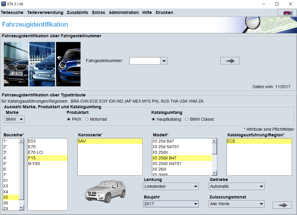 BMW ETK 11.2017 Version Preise Fahrzeugidentifikation Teilesuche