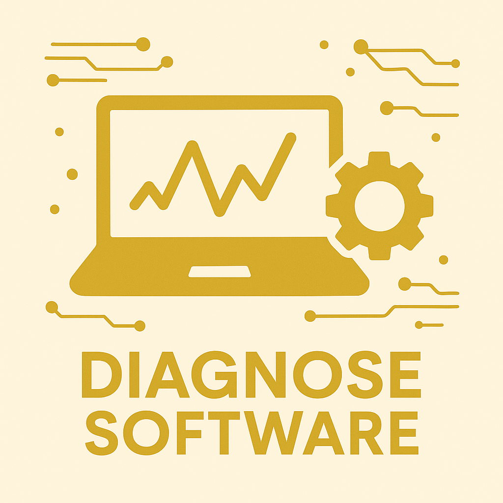 Ivory-Gold Banner mit Laptop-Icon, Zahnrad und Schrift ›Diagnose Software‹ – Kollektion für Werkstatt-Diagnose-Software.