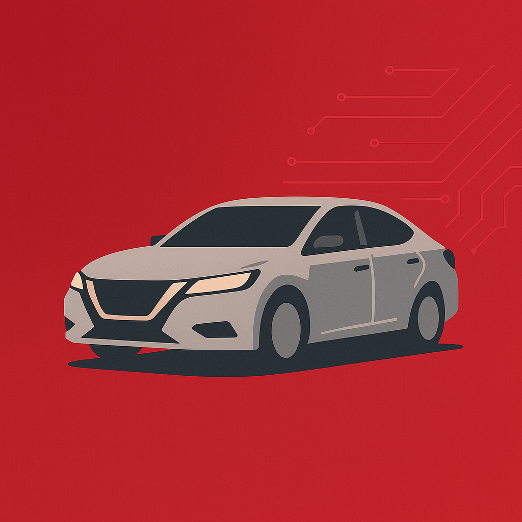 Nissan‑roter Banner: stilisierte silbergraue Limousine vor Leiterbahnen – Auto‑Software‑Kollektion.