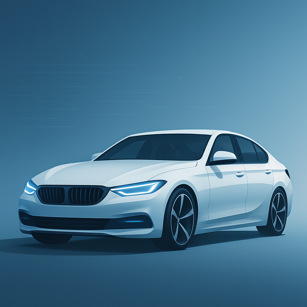 Futuristische weiße Sportlimousine im BMW‑Stil vor blauem Tech‑Hintergrund – Bannerbild für digitale BMW Software‑Kollektion im Onlineshop.