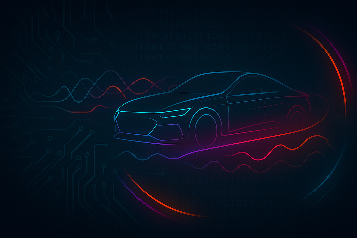 Futuristischer Neon‑Wireframe‑Sportwagen vor dunklem Tech‑Hintergrund – Symbolbild für Tuning‑ und Tacho‑Software‑Kollektion.