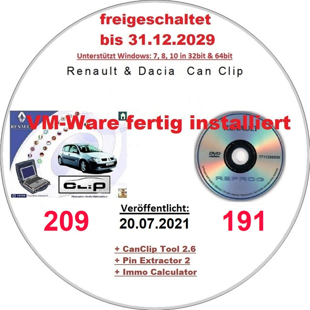 Renault Dacia CanClip 209 + Reprog 191 (20. 07. 2021) als VM Ware fertig installiert, Deutsch. Läuft unter allen Windows Systemen ab Win 7 64bit