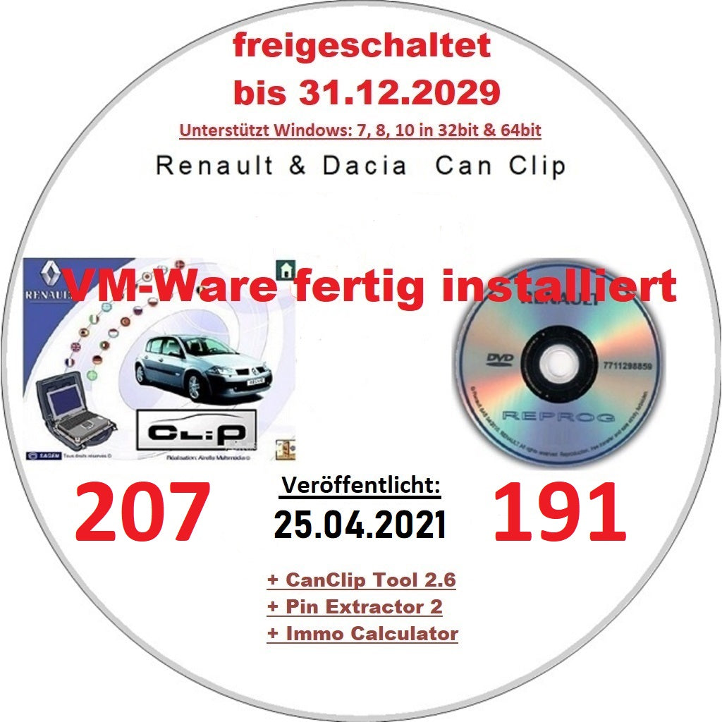 Renault Dacia CanClip 207 + Reprog 191 (25. 04. 2021) als VM Ware fertig installiert, Deutsch. Läuft unter allen Windows Systemen ab Win 7