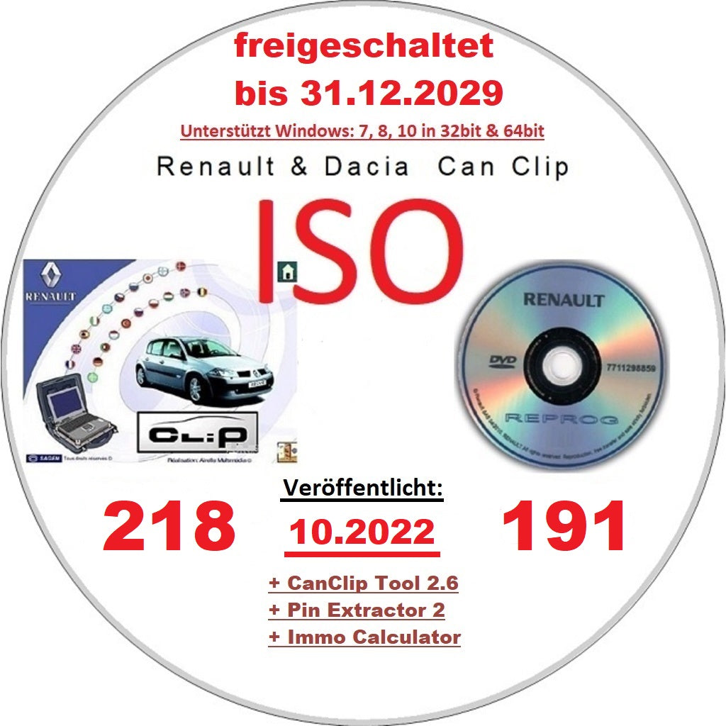 Renault Dacia CanClip 218 + Reprog 191 (10.2022) International, Mehrsprachig frei bis 12.2029 + extra Keygen für längere Freischaltung. Windows 7 und 10 jedoch nur 64bit