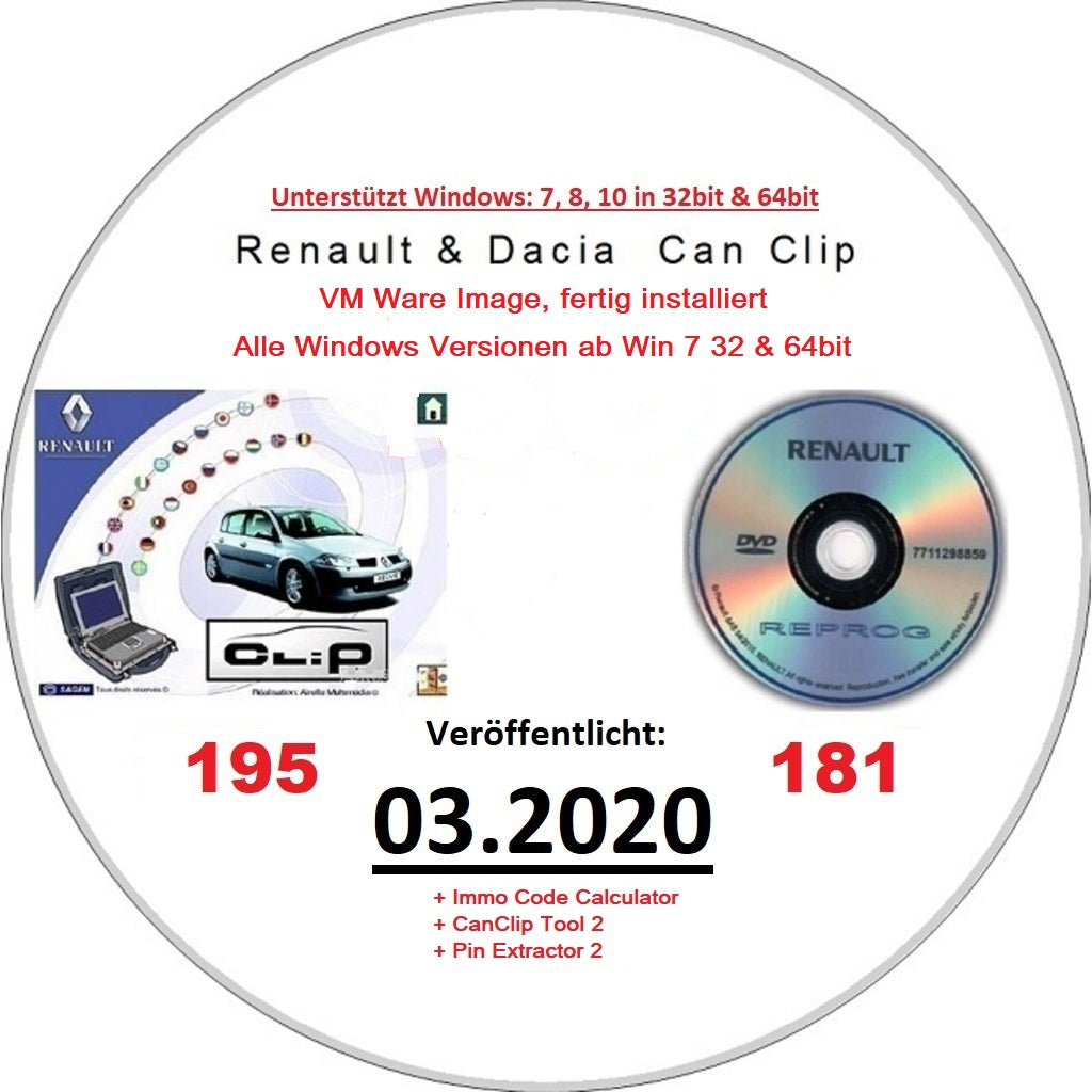 Renault Dacia CanClip 195 + Reprog 181 von 03.2020 plus CanClip Tool 2.6,  Pin Extractor 2 und RENAULT IMMO calculator