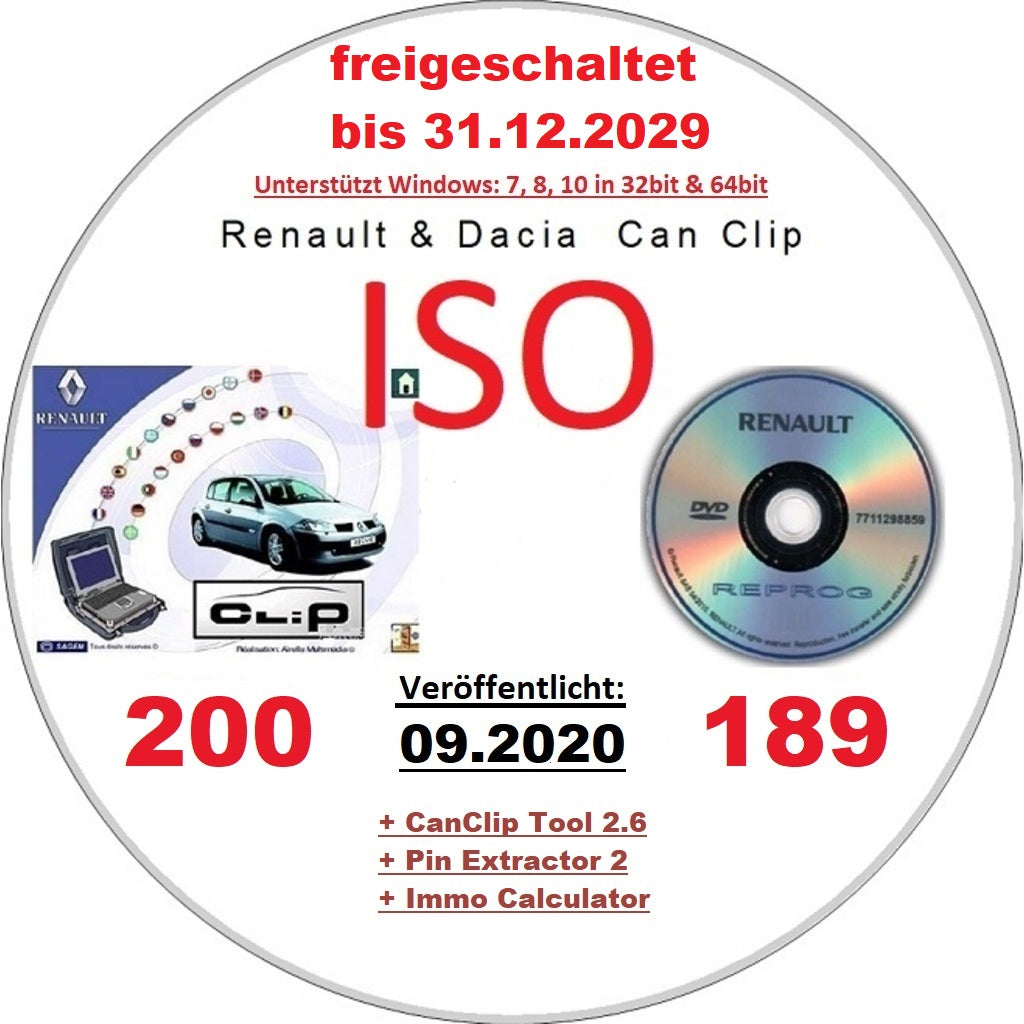 Renault Dacia CanClip 200 + Reprog 189 (09.2020) International, Mehrsprachig frei bis 2029 plus extra Keygen. Läuft unter allen Windows Systemen ab Win 7