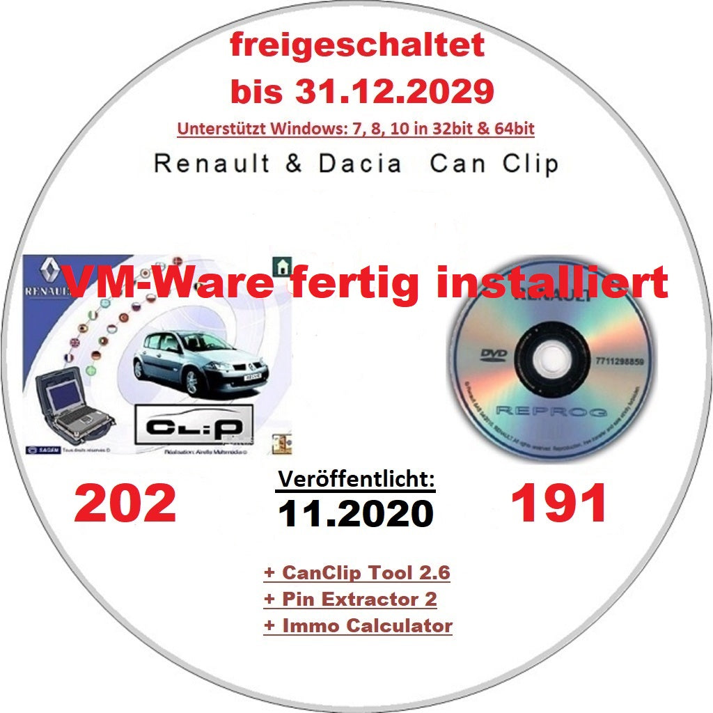 Renault Dacia CanClip 202 + Reprog 191 (11.2020) als VM Ware fertig installiert, Deutsch. Läuft unter allen Windows 64 Systemen ab Win 7